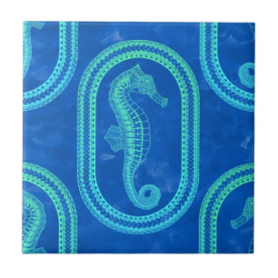 Ocean Blue Tribal Island Seahorse Ceramic Tile