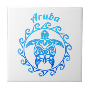 Ocean Blue Tribal Turtle Aruba Ceramic Tile