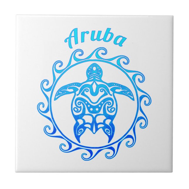 Ocean Blue Tribal Turtle Aruba Ceramic Tile (Front)