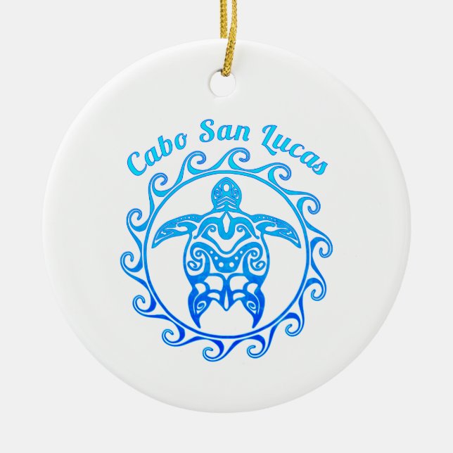 Ocean Blue Tribal Turtle Cabo San Lucas Ceramic Ornament (Front)