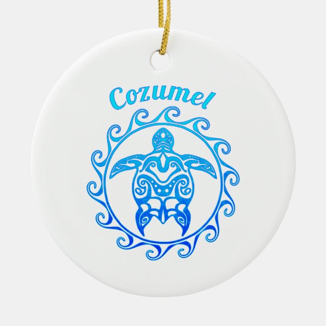 Ocean Blue Tribal Turtle Cozumel Ceramic Ornament (Front)