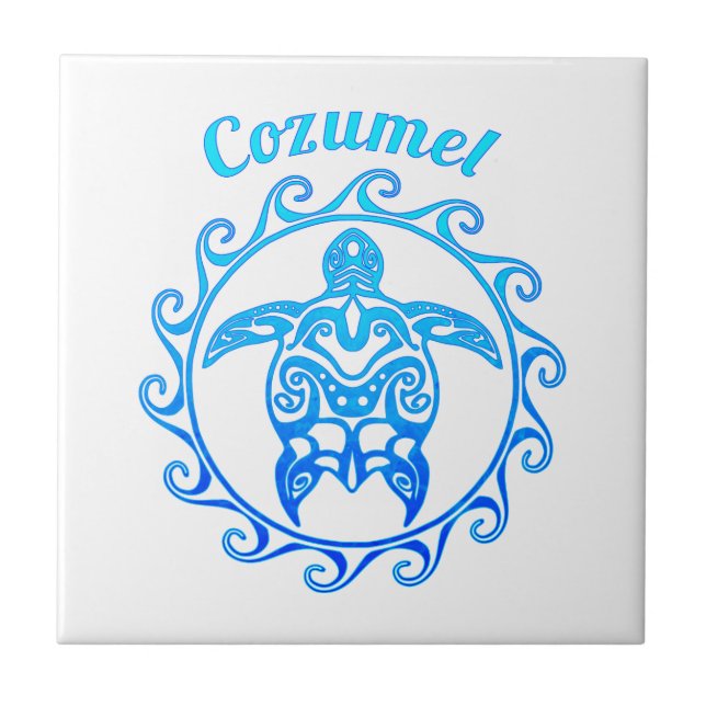 Ocean Blue Tribal Turtle Cozumel Ceramic Tile (Front)