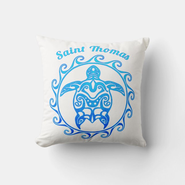 Ocean Blue Tribal Turtle Saint Thomas Cushion (Front)