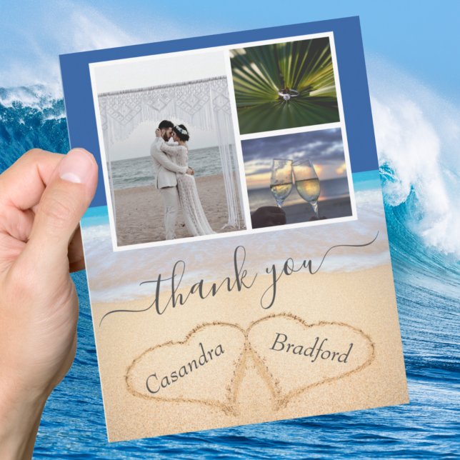 Ocean Blue Tropical Beach Hearts in Sand Wedding Thank You Card (Creator Uploaded)