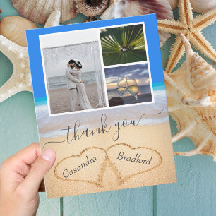 Ocean Blue Tropical Beach Hearts in Sand Wedding Thank You Card