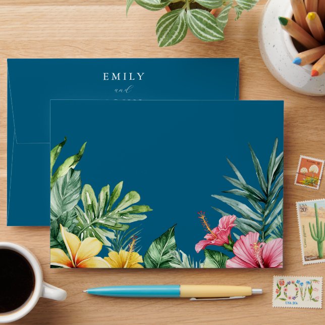 Ocean Blue Tropical Floral Wedding Return Address  Envelope (Desk)