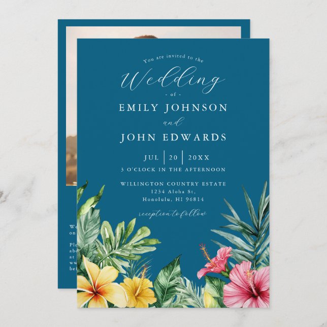 Ocean Blue Tropical Flowers Photo QR Code Wedding Invitation (Front/Back)