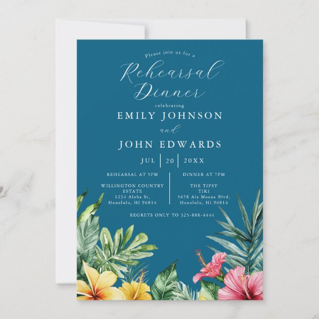 Ocean Blue Tropical Flowers Rehearsal Dinner Invitation (Front)