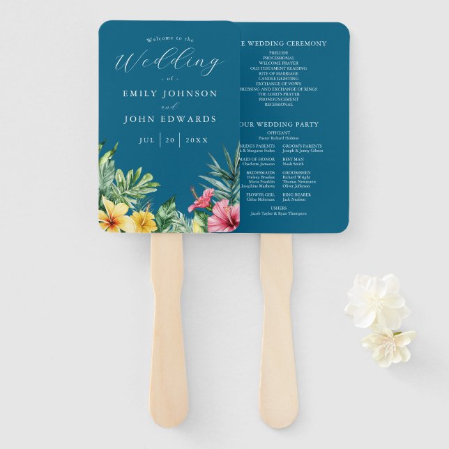 Ocean Blue Tropical Flowers Wedding Program Hand Fan (Front and Back)