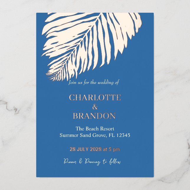 Ocean Blue Tropical Palm Leaf Wedding Gold  (Front)