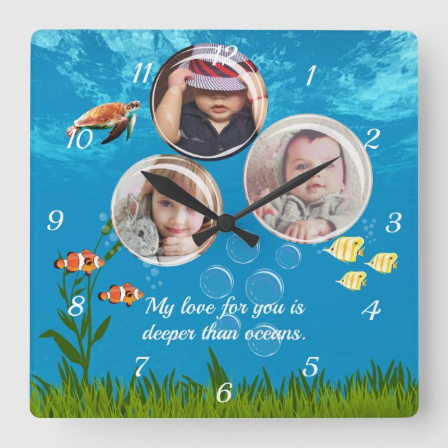 Ocean Blue Underwater Tropical Fish Deep Sea Love  Square Wall Clock (Front)