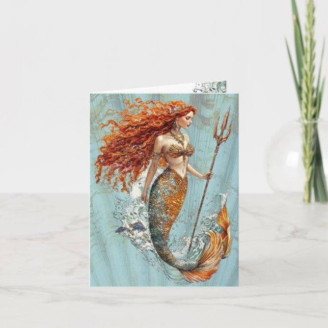 Ocean Blue Vintage Mermaid Folded Note Card (Front)