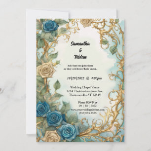 Ocean Blue Watercolor Floral Rose Elegant Wedding Invitation
