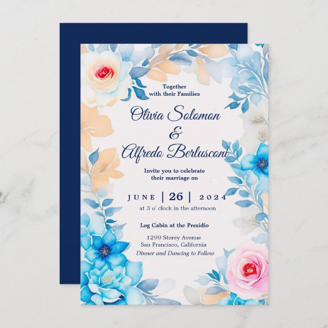 Ocean blue watercolor floral Wedding Invite (Front/Back)