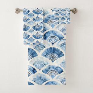 Ocean Blue Watercolor Geometric Gradient Art Deco Bath Towel Set