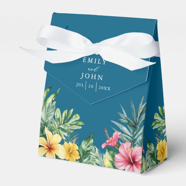 Ocean Blue Watercolor Tropical Floral Wedding Favour Box (Front Side)