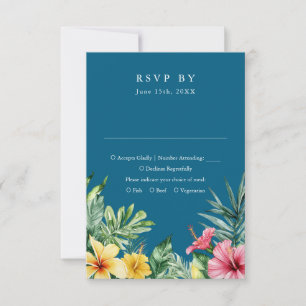 Ocean Blue Watercolor Tropical Floral Wedding RSVP Card
