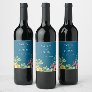 Ocean Blue Watercolor Tropical Floral Wedding Wine Label