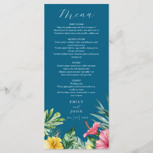 Ocean Blue Watercolor Tropical Flowers Wedding Menu