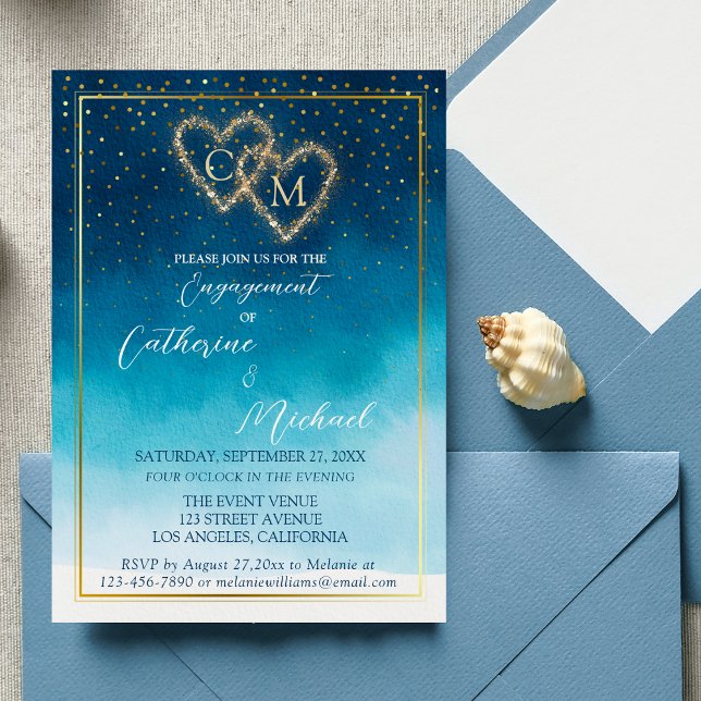 Ocean Blue Watercolor Waves With Monogram Wedding  Invitation (Creator Uploaded)