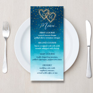 Ocean Blue Watercolor Waves With Monogram Wedding Menu