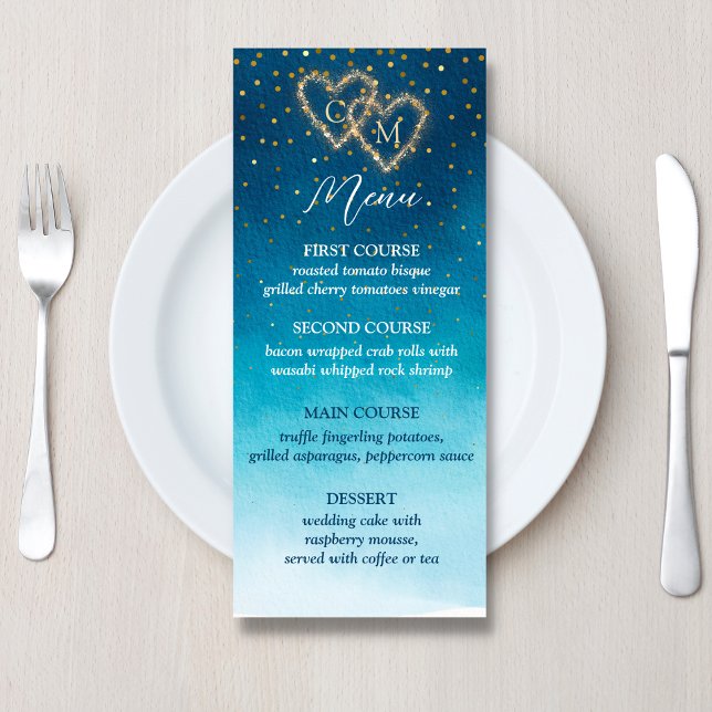 Ocean Blue Watercolor Waves With Monogram Wedding  Menu (Creator Uploaded)