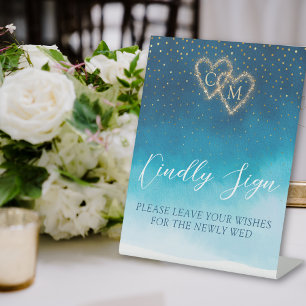 Ocean Blue Watercolor Waves With Monogram Wedding Pedestal Sign