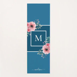 Ocean Blue   Watercolour Flowers Monogram Yoga Mat