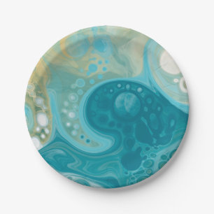 Ocean Blue Waves and Sandy Brown Fluid Art  Paper Plate