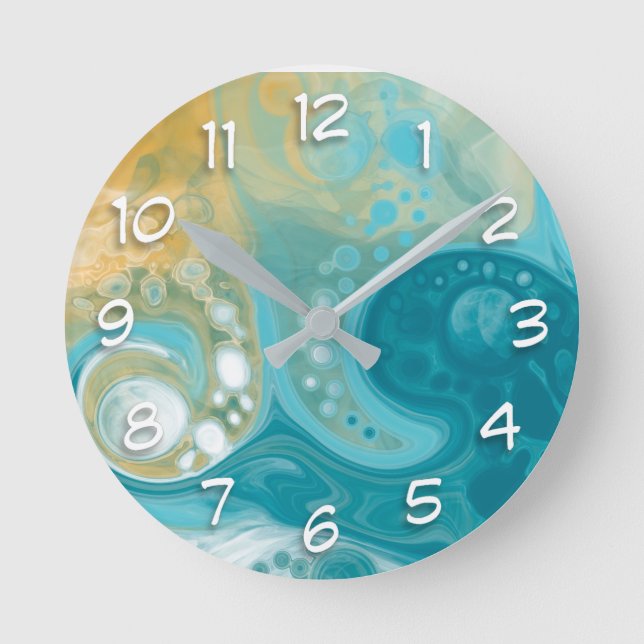 Ocean Blue Waves and Sandy Brown Fluid Art   Round Clock (Front)
