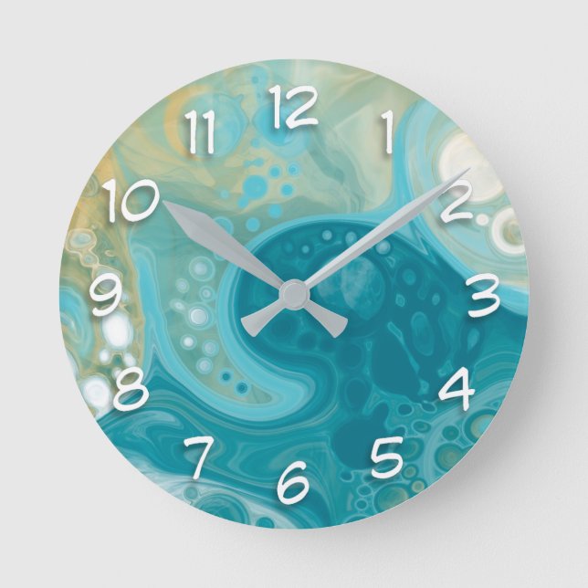 Ocean Blue Waves and Sandy Brown Fluid Art    Round Clock (Front)