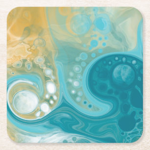 Ocean Blue Waves and Sandy Brown Fluid Art Square Paper Coaster