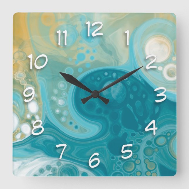 Ocean Blue Waves and Sandy Brown Fluid Art   Square Wall Clock (Front)