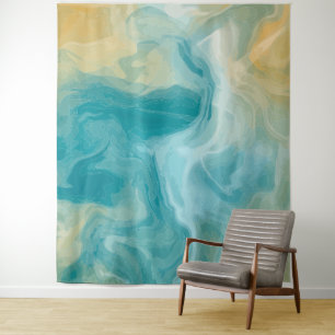 Ocean Blue Waves and Sandy Brown Fluid Art Tapestry