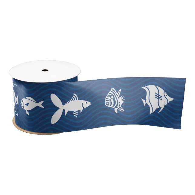Ocean Blue Waves Fish Pattern Satin Ribbon (Spool)