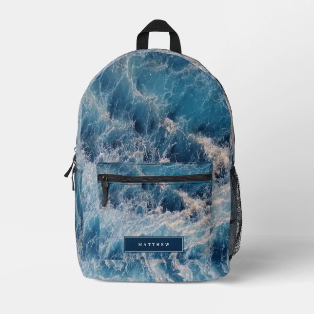Ocean Blue Waves Personalised Name School Printed Backpack (Front)