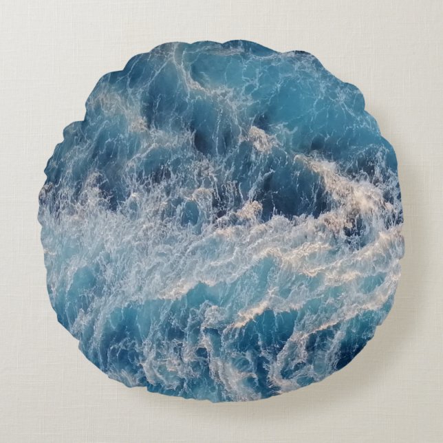 Ocean Blue Waves Round Cushion (Front)