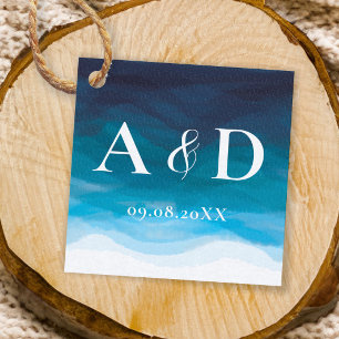 Ocean Blue Waves Watercolor Wedding Favour Tags