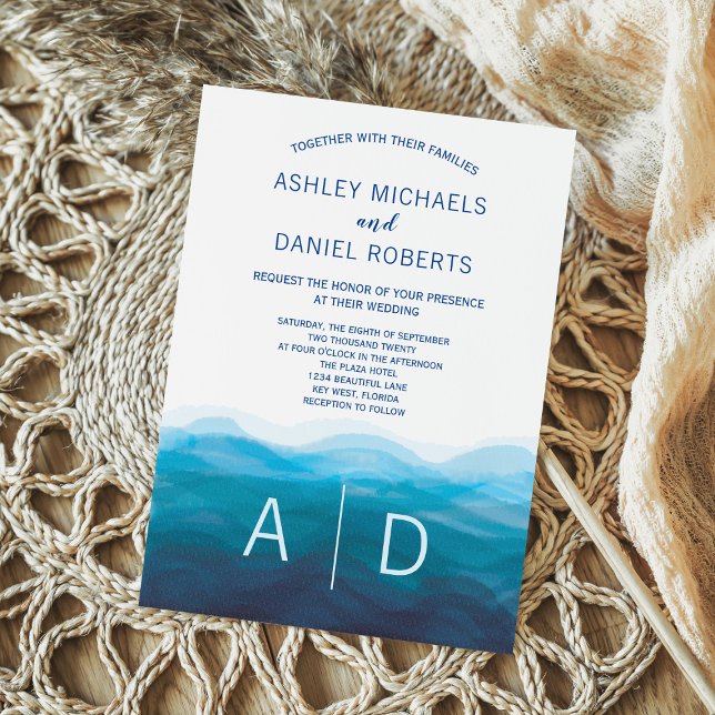 Ocean Blue Waves Watercolor Wedding Invitation (Creator Uploaded)