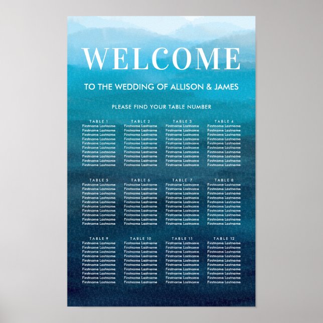Ocean Blue Waves Watercolor Wedding Seating Chart (Front)