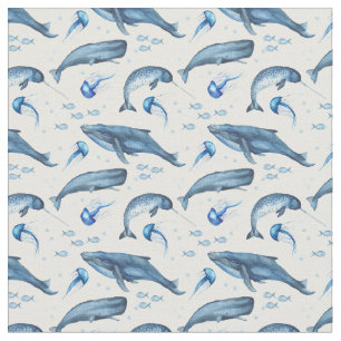 Ocean Blue Whale Jellyfish Pattern Fabric
