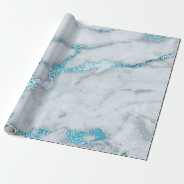 Ocean Blue White Grey Marble Shiny Brushes Wrapping Paper (Unrolled)