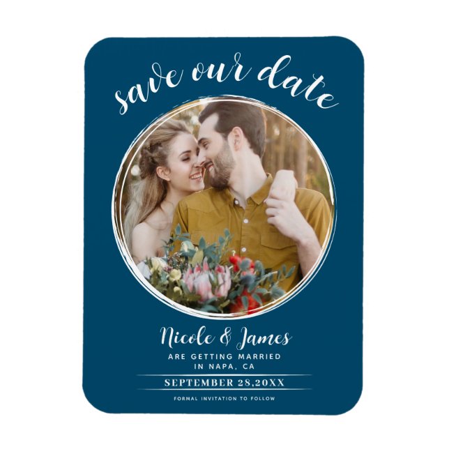 Ocean Blue White Modern Round Photo Save the Date Magnet (Vertical)