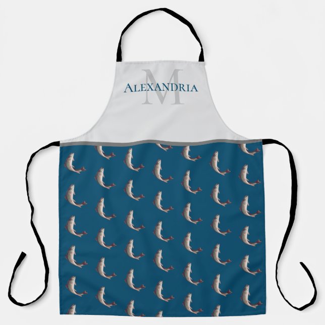 Ocean Blue White Monogram Name Trout pattern Apron (Front)