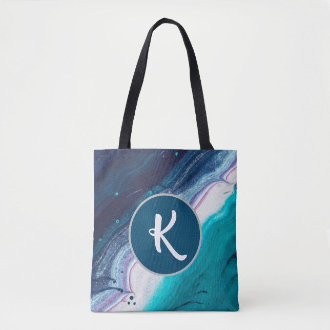 Ocean Blues Abstract Monogram Tote Bag (Front)