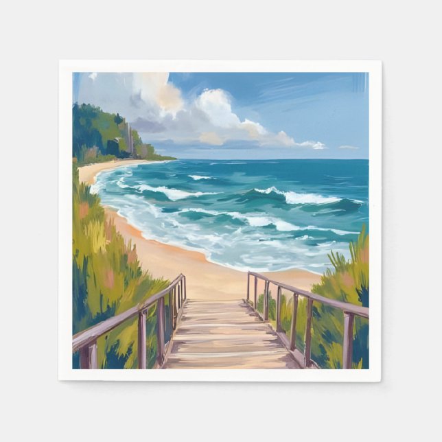 Ocean Boardwalk | Beach Waves Coastal Napkin (Front)