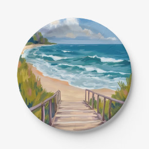 Ocean Boardwalk Beach Waves Coastal Paper Plate