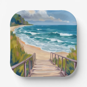 Ocean Boardwalk Beach Waves Coastal Paper Plate