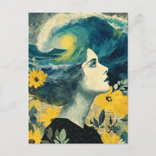 Ocean Brain Waves mixed media Collage Postcard (Front)