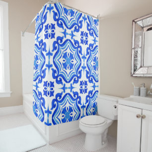 Ocean Breeze Ceramic Watercolor Blue Mosaic  Shower Curtain